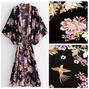 Boho Kimono Cover-Up Black Tropical